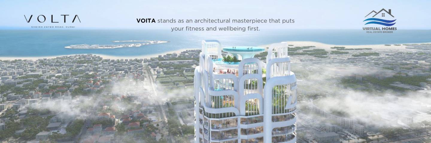 Luxury high-rise apartment building in Dubai with a rooftop pool.